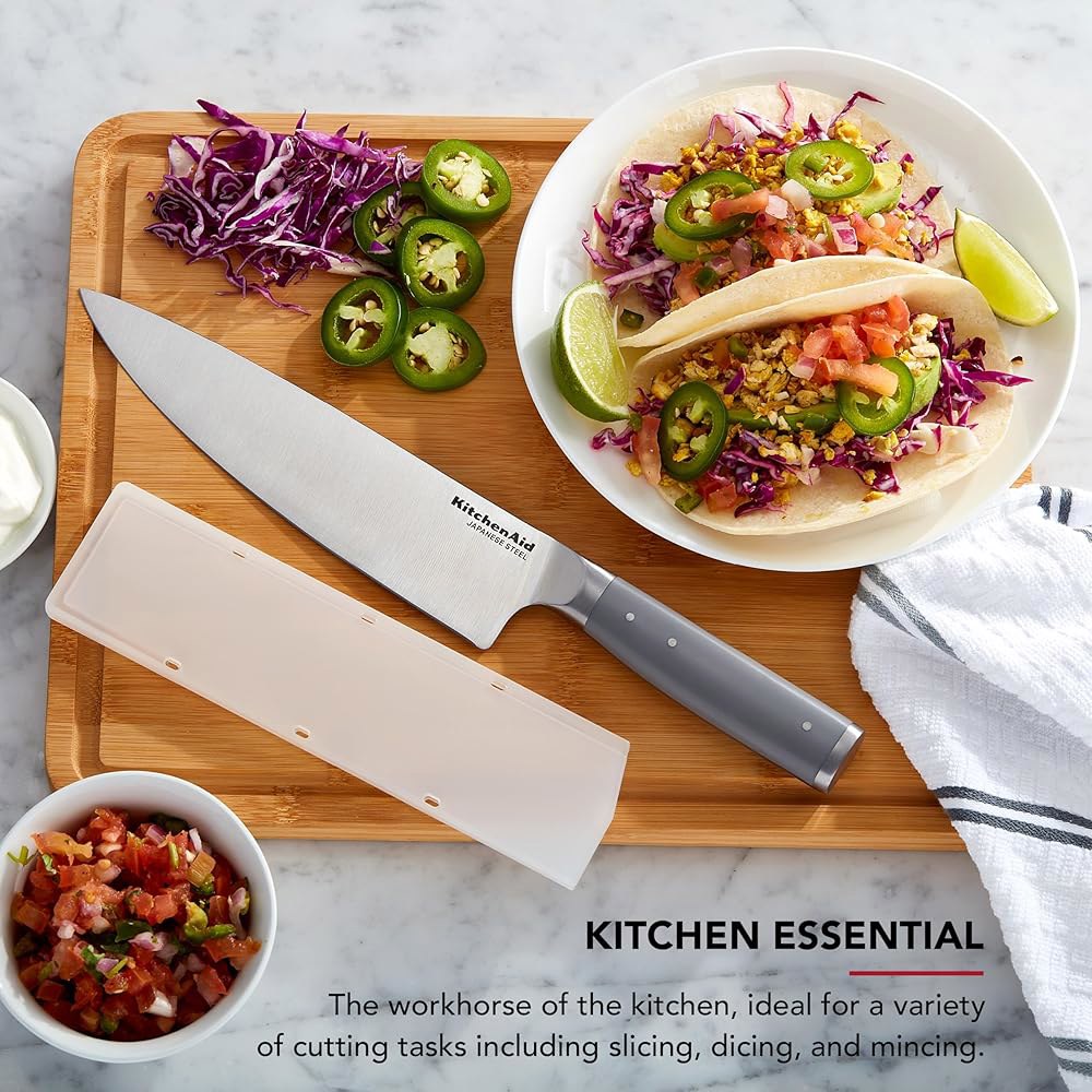 KitchenAid Gourmet Forged Chef 나이프, 맞춤형 칼, 그레이 블레이드, 고탄소 스틸 20.3cm(8인치), 일본 핏 날카로운 스테인리스 주방 커버, 블레이드 - 상세 이미지 2