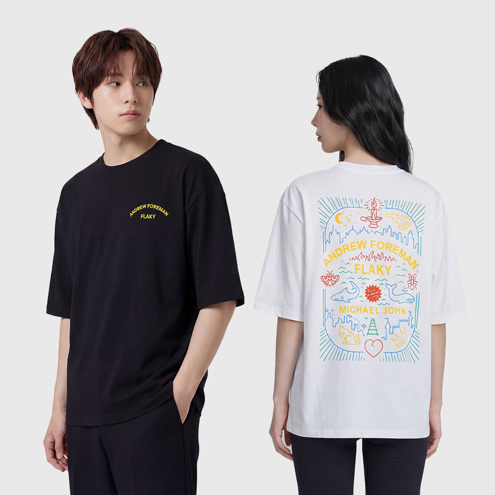 앤드류포맨 5부오버핏 플래키 반팔티 남여공용 티셔츠 여름 데일리 캐주얼 루즈핏 프린팅 커플룩 캠핑 바캉스 여행 - 메인 이미지