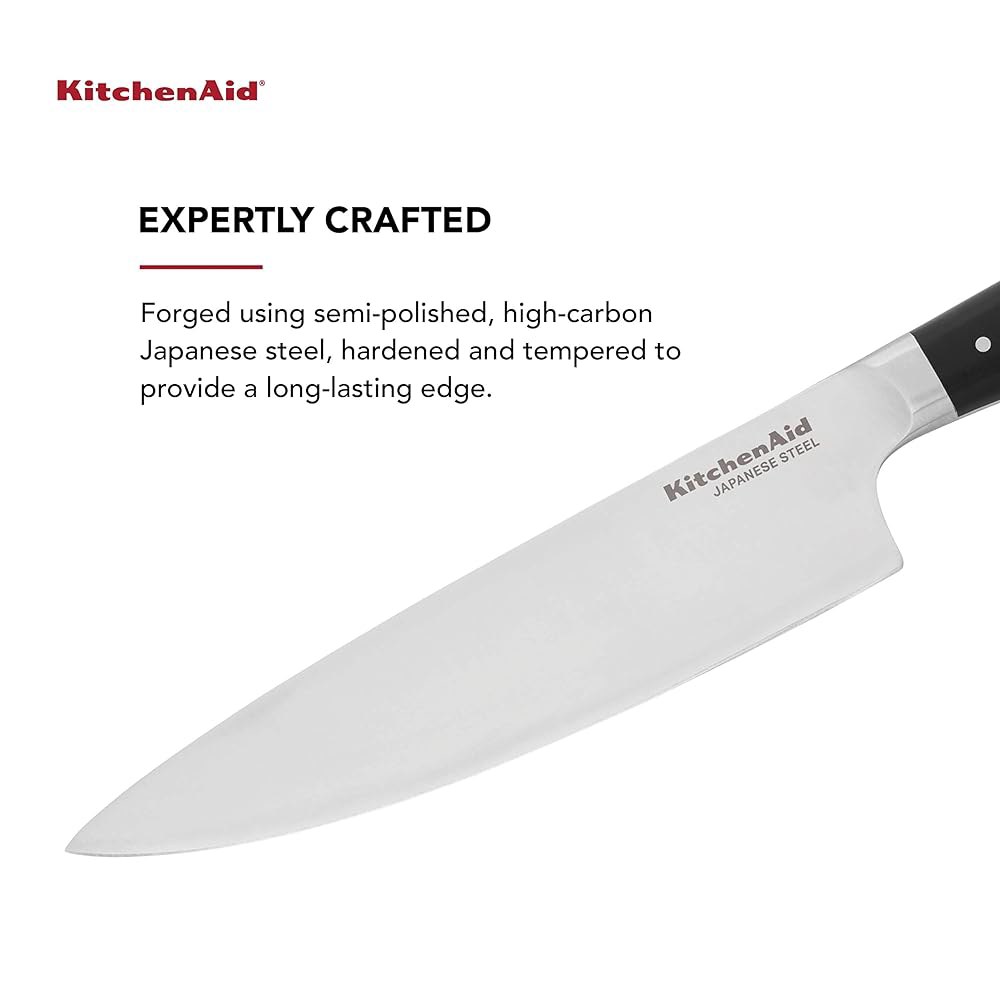 KitchenAid Gourmet Forged 트리플 리벳 셰프 일본 고탄소 스틸 블레이드 주방 커버 맞춤형 날카로운 20.3cm(8인치), 핏 스테인리스 블레이드, 나이프, 블랙 - 상세 이미지 2