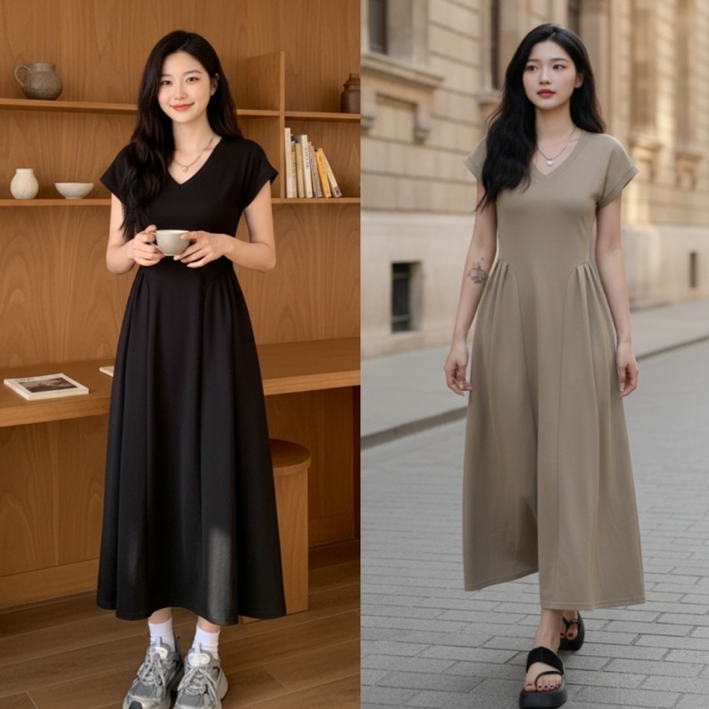 J2K 여자 브이넥 롱원피스 여름 휴양지 반팔 원피스 빅사이즈 캐주얼 - 상세 이미지 2