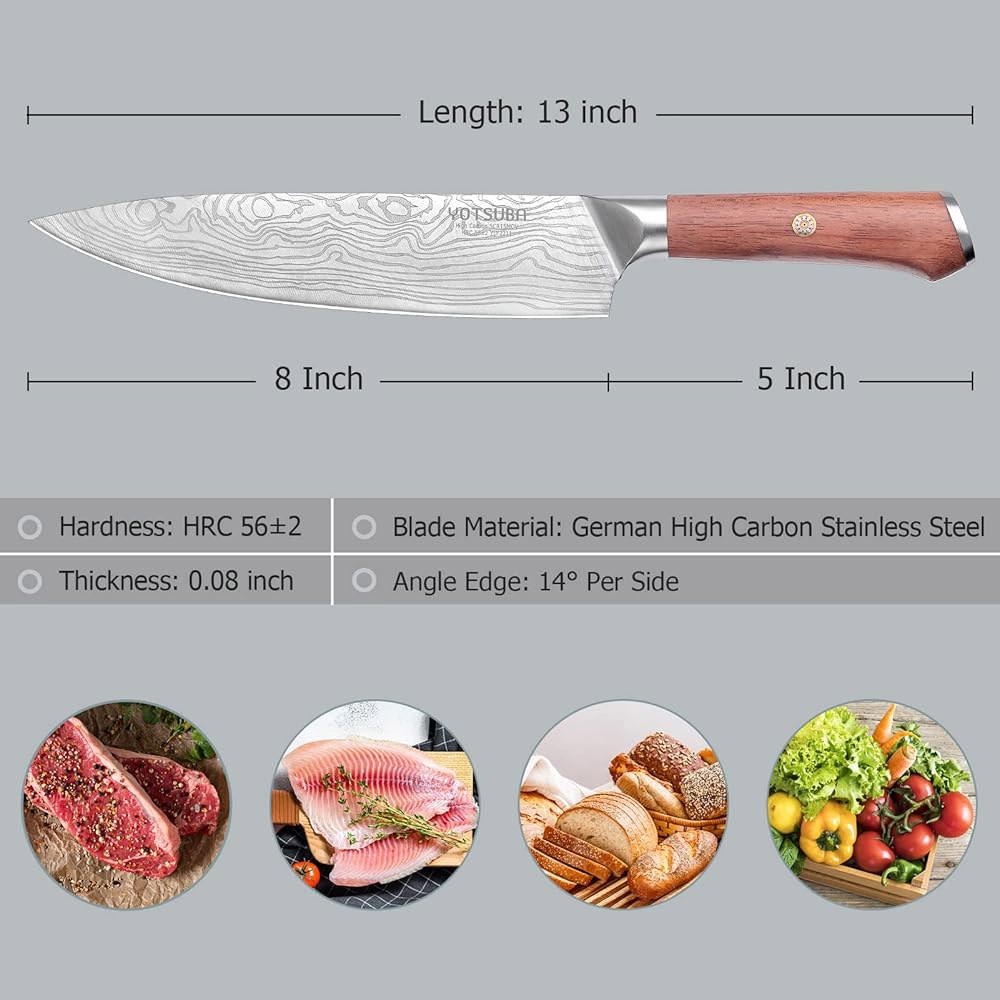 YOTSUBA Chef Knife-20.3cm(8인치) 일본 규토 주방 아빠를 스테인리스 고탄소 나이프 셰프 인체 선물, 엄마, 스틸 포함 필수품 프리미엄 독일 공학적 선물 손잡이 - 상세 이미지 3