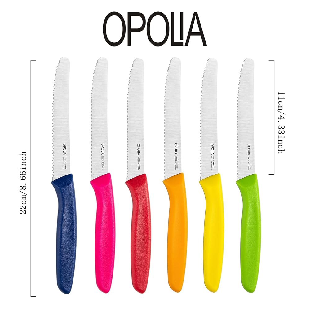 OPOLIA 스테이크 나이프, 멀티 컬러 나이프 가능 톱니 다채로운 식탁칼, 사용 있는 스틸 칼, 타마토 고탄소 고기 12개 스테인리스 날카로운 세트, 내구성 식기세척기 - 상세 이미지 3