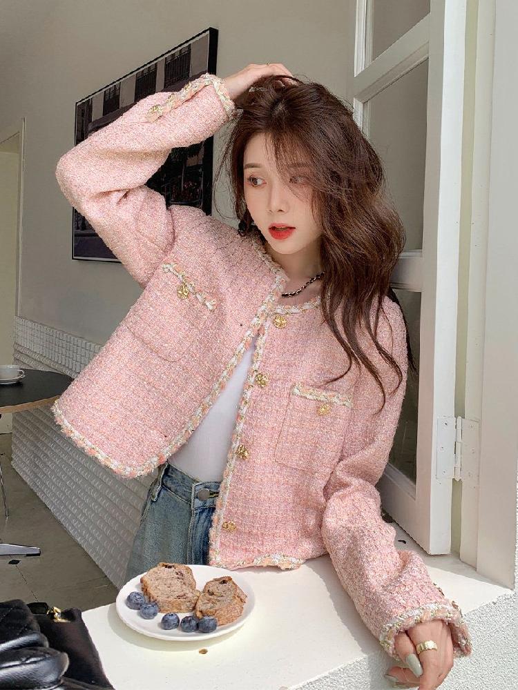 자켓 오버핏 트위드 하객룩 숏자켓 여성 패션 캐주얼 재킷 바람막이 셀럽 핑크 S - 상세 이미지 3