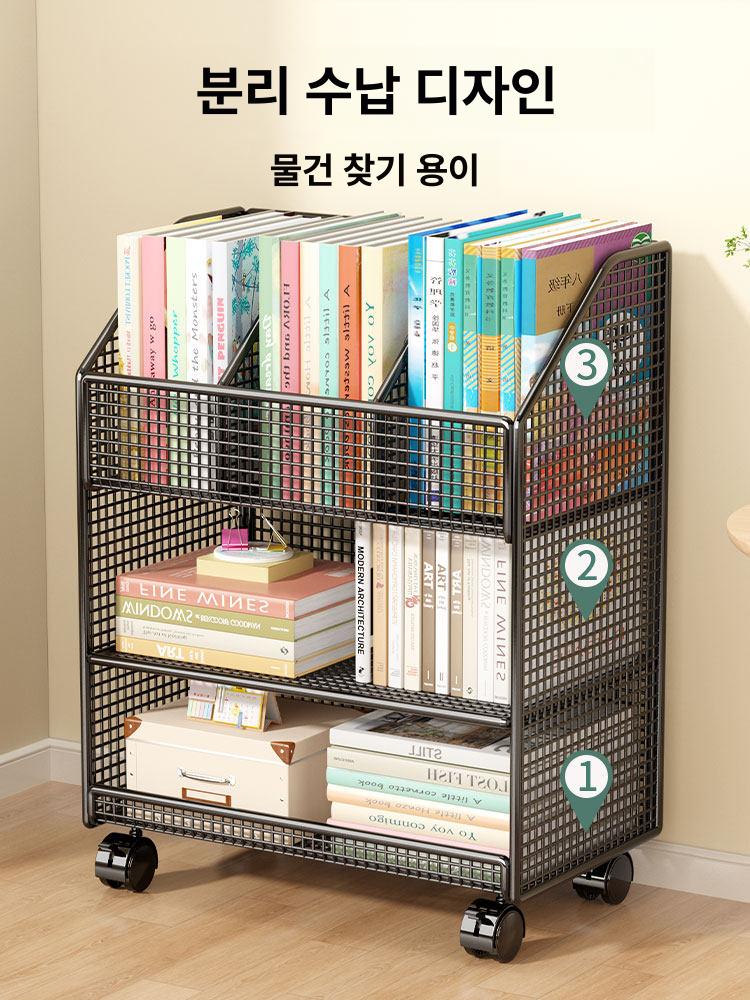 확장형 수납책장 사무실 북카트 철제책장 2단 이동형책장 블랙 3단 세로형 바퀴 포함 - 조밀한 망 - 상세 이미지 2