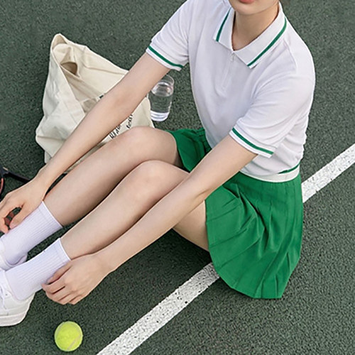 여성 스포츠웨어 투피스 세트 테니스 밴딩 주름 스커트 반팔 카라 반집업 티셔츠 여성 데일리룩 - 상세 이미지 3