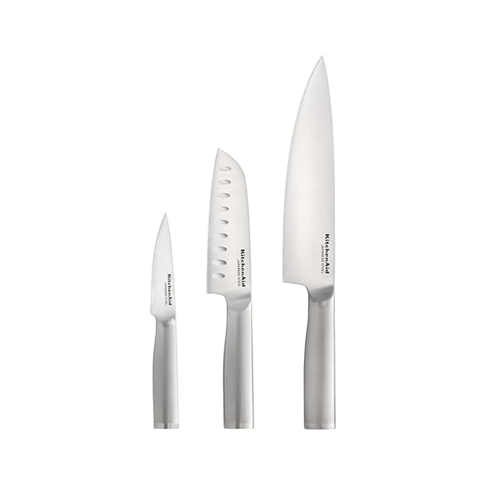 KitchenAid 3피스 단조 셰프 나이프 세트 20.3cm(8인치) 페어링 스틸, 고탄소 나이프, 일본 8.9cm(3.5인치) 12.7cm(5인치) 커버가 블레이드 산토쿠 포함 - 상품 이미지