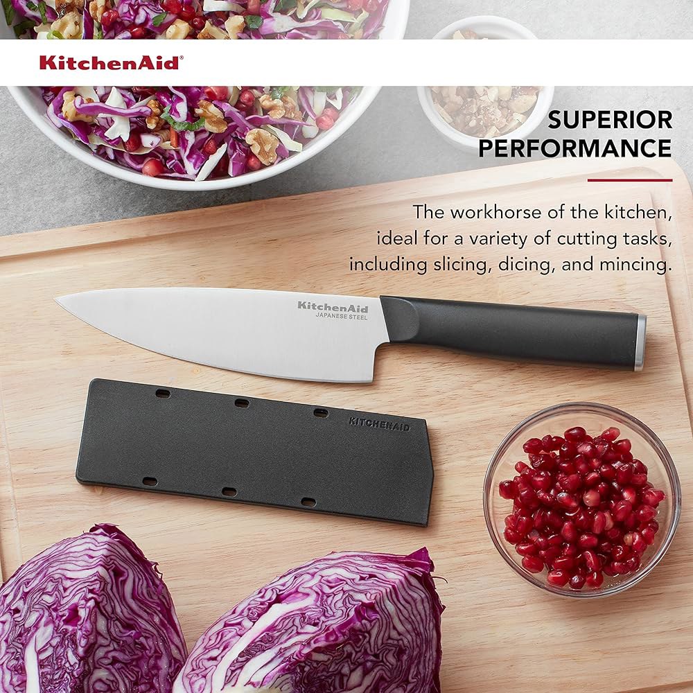 KitchenAid 클래식 셰프 나이프, 맞춤형 핏 커버, 일본 스틸 날카로운 블랙 칼, 15.2cm(6인치), 고탄소 주방 스테인리스 블레이드 블레이드, - 상세 이미지 3