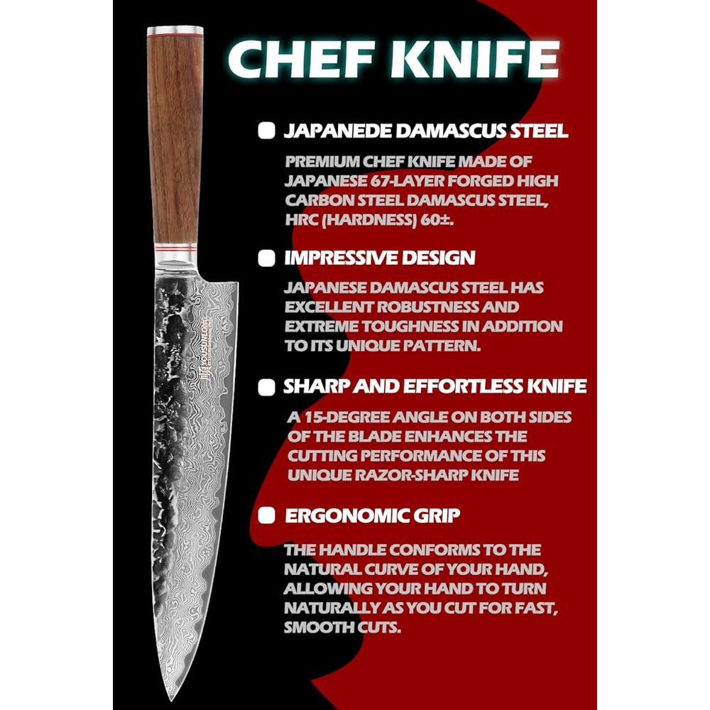 YOUSUNLONG Chef Knife 다마스커스 나이프 25.4cm(10인치) 규토 일본 가죽 칼집 스틸 포함 호두나무 해머드 천연 주방 프로 손잡이 7 - 상세 이미지 2