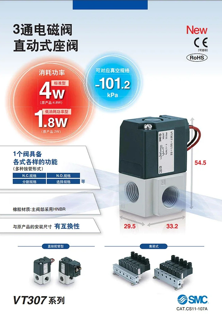 SMC 진공 솔레노이드 밸브 VT307-5G1-01-02/VT307V-4G1 2/3-웨이 VT317