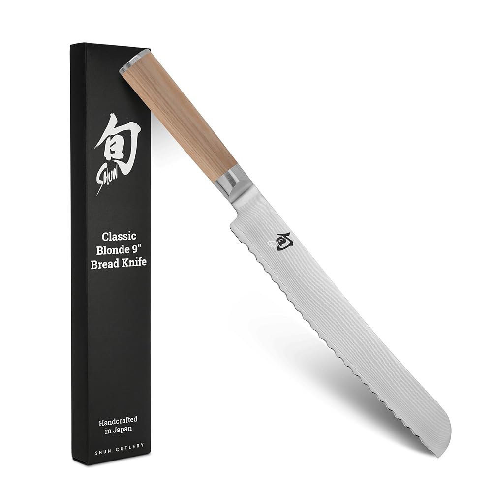Shun 클래식 블론드 22.9cm(9인치) 브레드 나이프, 일본 슬라이싱 및 파카우드 요리사를 톱니 있는 클래딩이 위한 도구 전문 코어, 가정 핸들, 다마스커스 VG-MAX 스테 - 상품 이미지