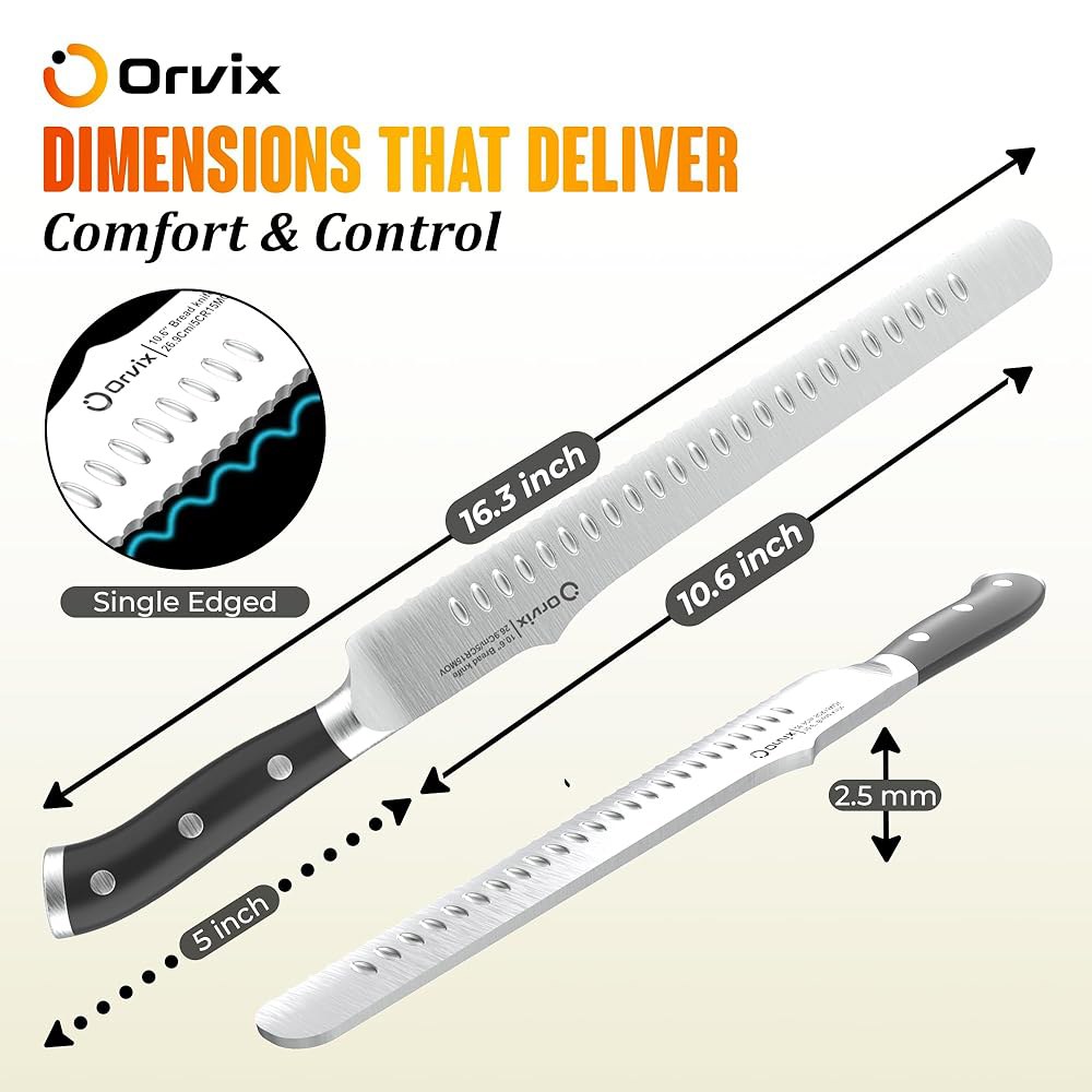 ORVIX 브레드 나이프 엑스트라 롱 39.9cm(15.6인치) 럭셔리 시리즈, 탱, 선물 수제 상자 스틸 풀 울트라 사워도우 손잡이, 인체 포함 톱니 장인 스테인리스 프로페셔널 - 상세 이미지 2