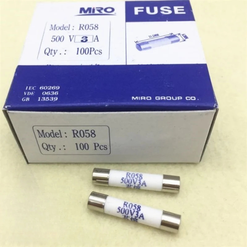 100개 RO58 R058 500V 0.5A 1A 2A 3A 4A 5A 6A 6.3A 8A 10A 12A 13A 15A 16A 20A 25A 6.3x31.5mm 원통형 세라믹 퓨