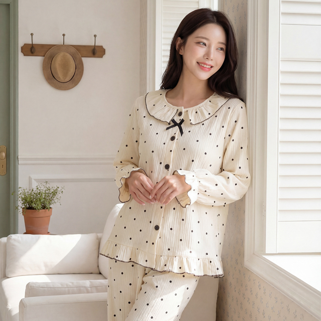 [M~XL]간절기 잠옷 프릴 도트 파자마세트 홈웨어 - 상품 이미지