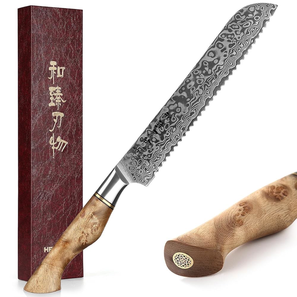 HEZHEN 21.6cm(8.3인치) 톱니 빵칼, 다마스커스 스틸 나이프, 및 나무 고탄소강 손잡이 선물 주방 케이크 상자 utility knife - 상품 이미지