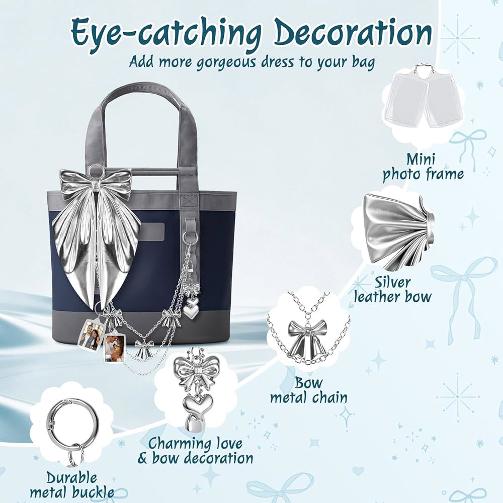 WUQID Tote Bag Decoration Kit, 5PCS Bogg Accessories Chain Metallic Bow Carryall & Beach Decorative - 상세 이미지 3