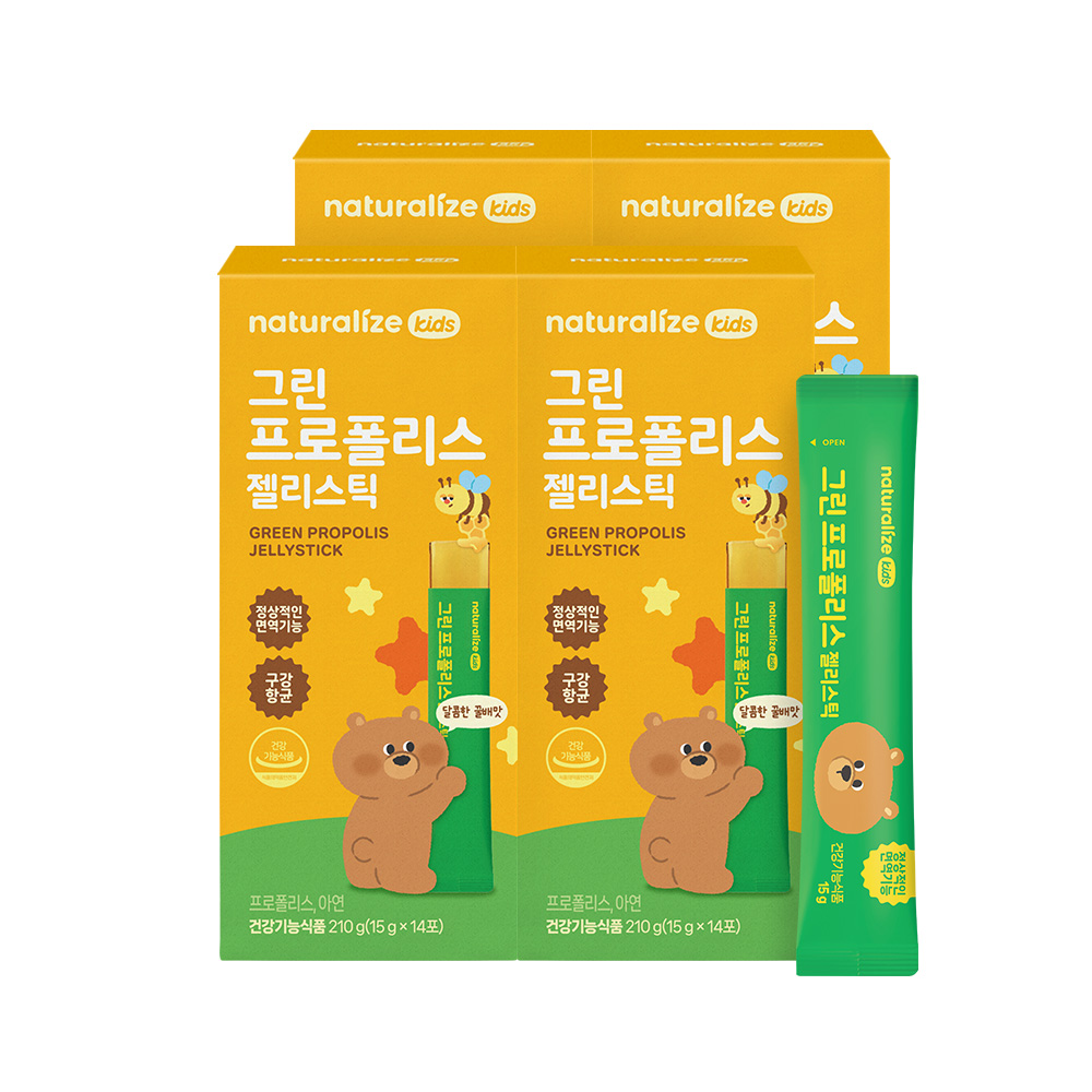 네추럴라이즈 그린 프로폴리스 젤리스틱 꿀배맛 키즈 어린이 영양제 아연 14포, 4개 - 상품 이미지
