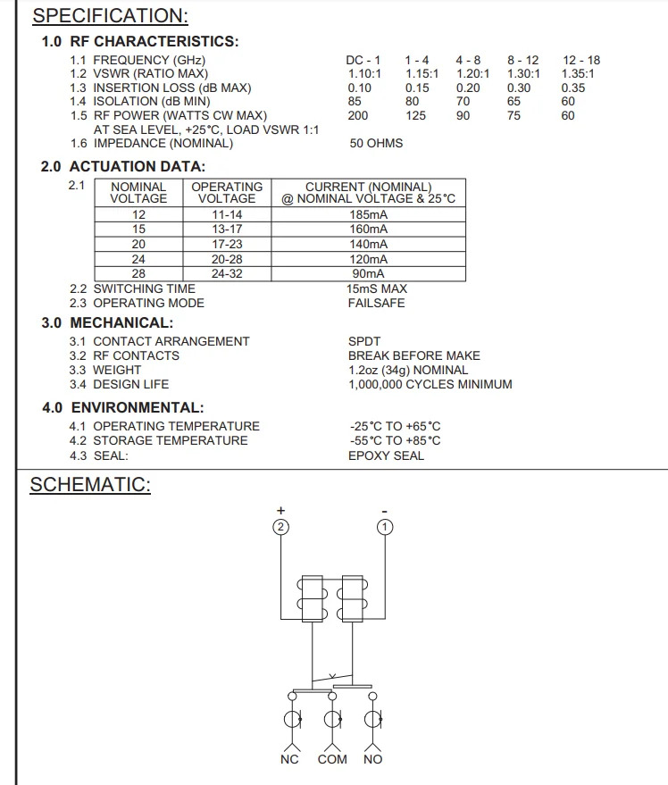Dow-Key RF 동축 스위치 401-2308 28V 12V DC-18GHz SMA SP2T