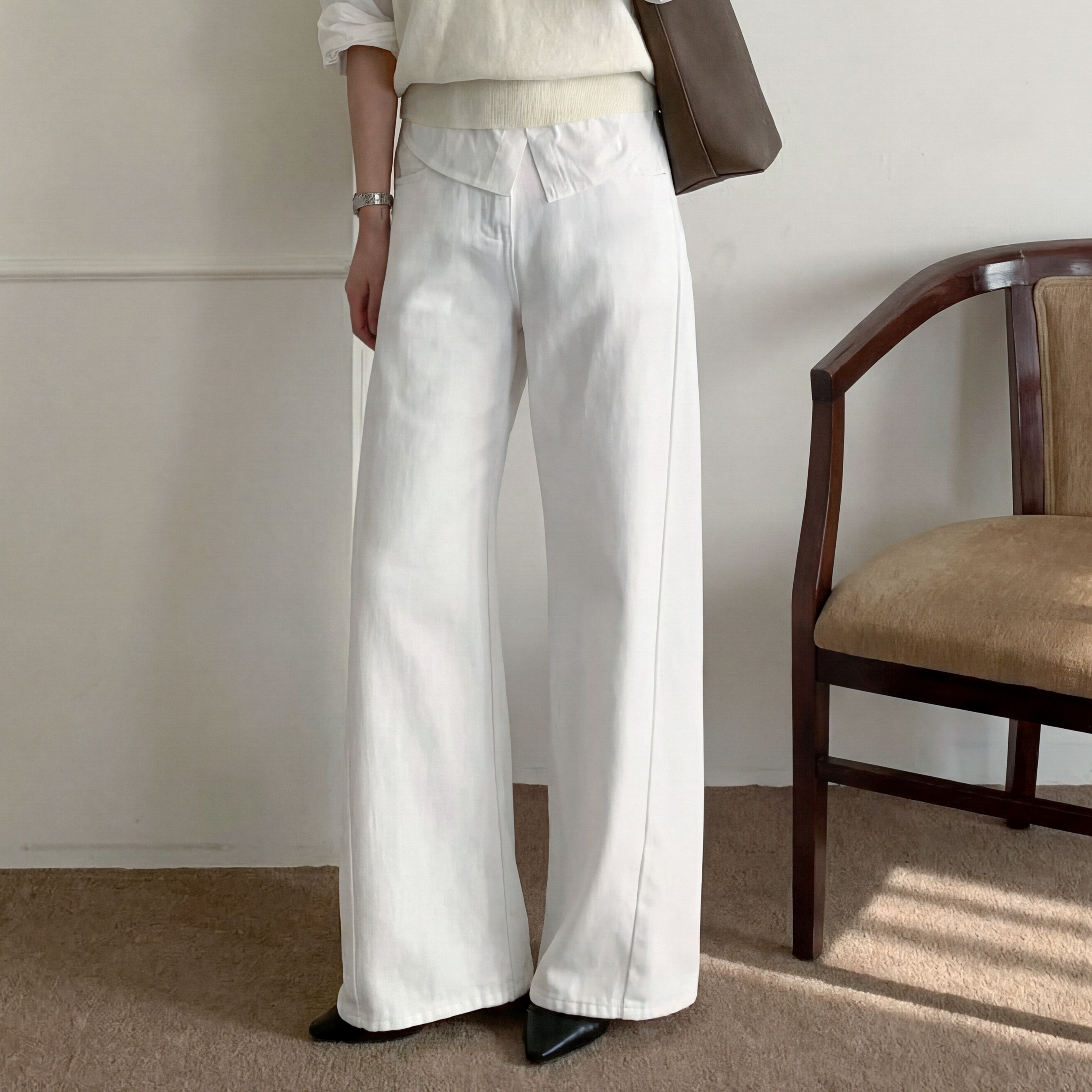 화이트진 화이트데님 크림진 화이트데님팬츠 여성밴딩청바지 - 상세 이미지 5