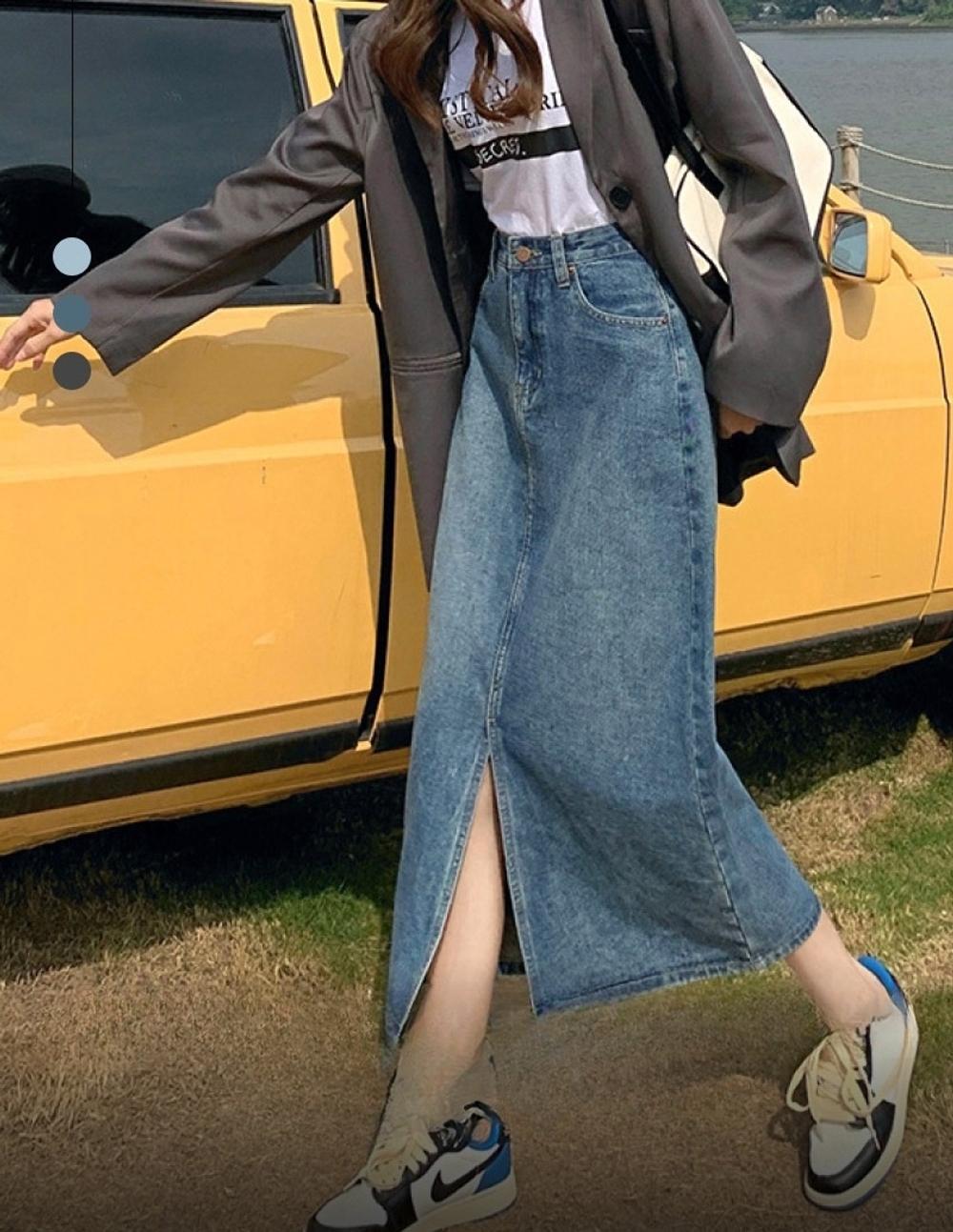 J2K 여자 가을 봄 롱 청치마 데님스커트 앞트임 A라인 - 상품 이미지