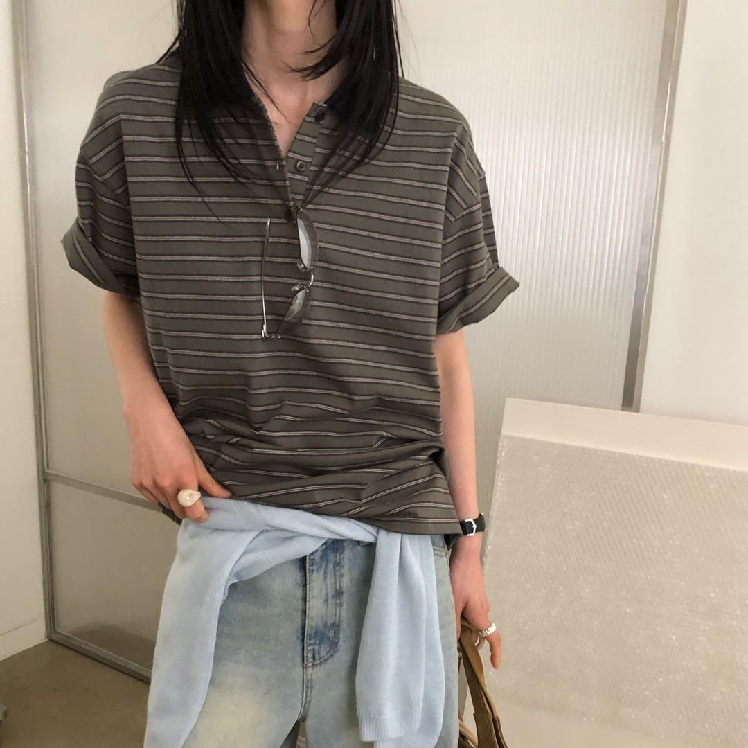 여성 럭비티셔츠 레트로 스트라이프 카라 반팔 루즈핏 데일리룩 럭비티 이미지 7