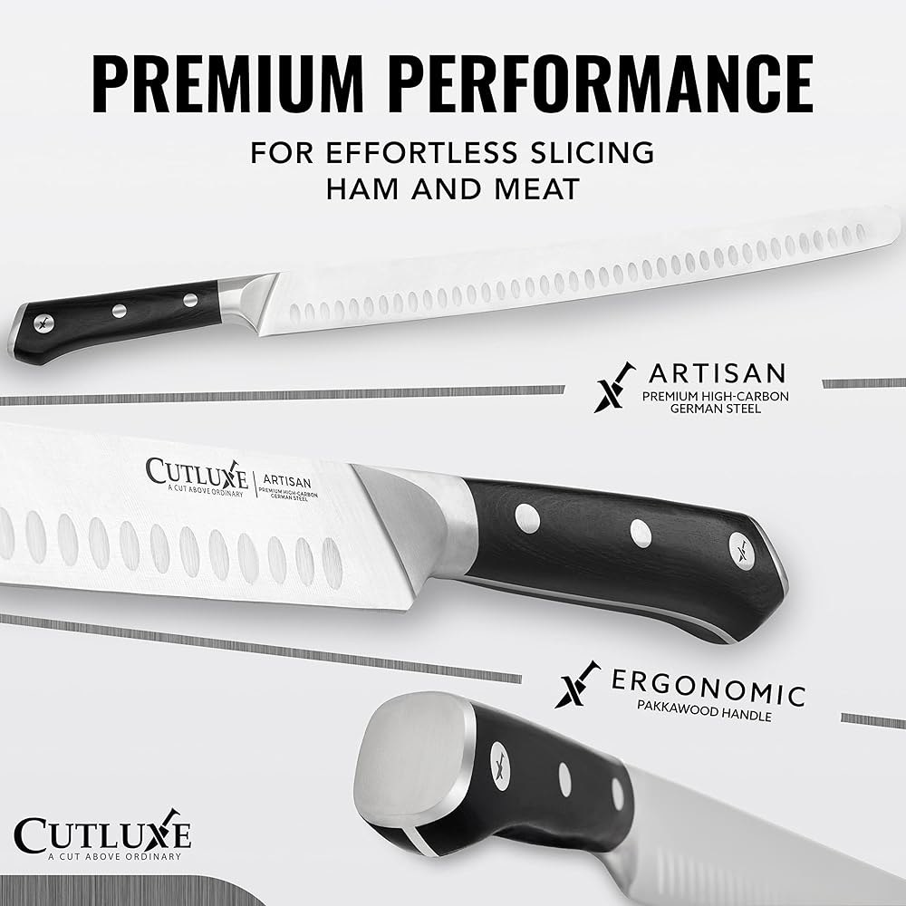Cutluxe 엑스트라 롱 35.6cm(14인치) 슬라이싱 카빙 BBQ 탱 공학적 날카로운 디자인 및 인체 고기 나이프 아티잔 시리즈 - 독일 양지머리, 면도날로 고탄소 스틸 핸들 - 상세 이미지 2