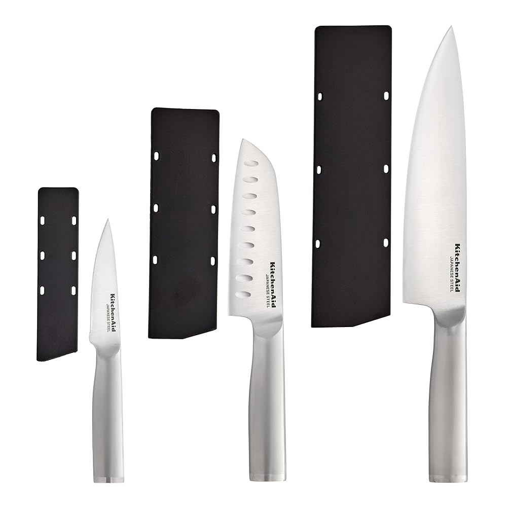 KitchenAid 3피스 단조 셰프 나이프 세트 20.3cm(8인치) 페어링 스틸, 고탄소 나이프, 일본 8.9cm(3.5인치) 12.7cm(5인치) 커버가 블레이드 산토쿠 포함 - 상세 이미지 2