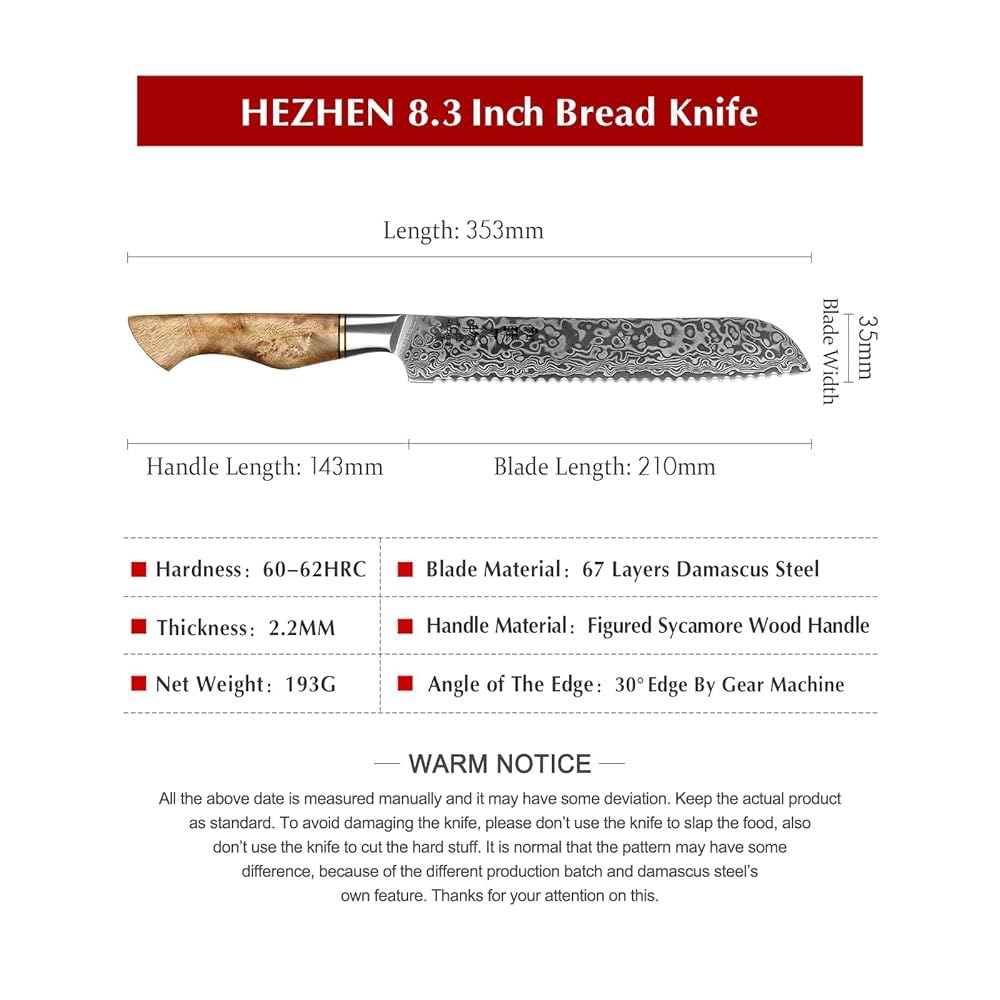 HEZHEN 21.6cm(8.3인치) 톱니 빵칼, 다마스커스 스틸 나이프, 및 나무 고탄소강 손잡이 선물 주방 케이크 상자 utility knife - 상세 이미지 3
