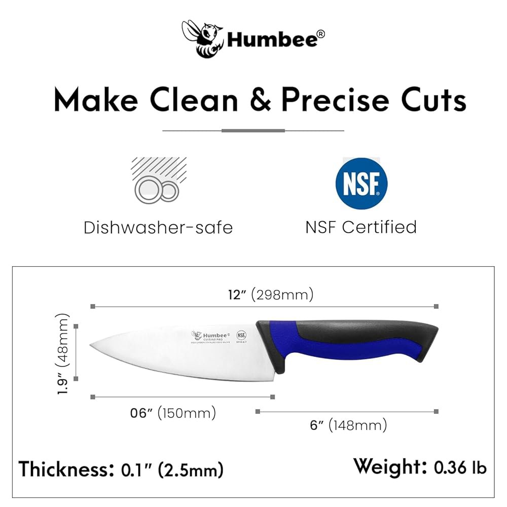 Humbee 15.2cm(6인치) 셰프 나이프, NSF 인증 스틸 인체 면도날처럼 색상 고탄소 그립 공학적 미끄럼 코드 블레이드 방지 - 스테인리스 블루 DT-10 핸들, 주방 - 상세 이미지 2