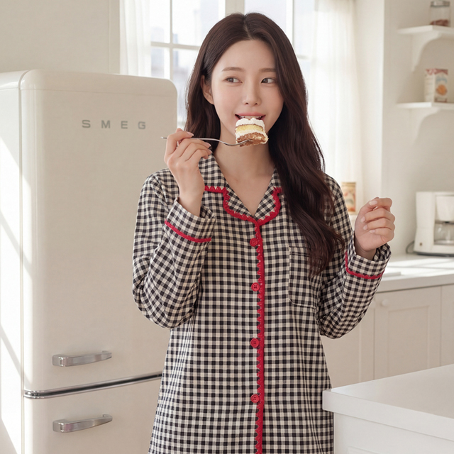 [M~XL]간절기 잠옷 빈티지 체크 파자마세트 홈웨어 - 상품 이미지