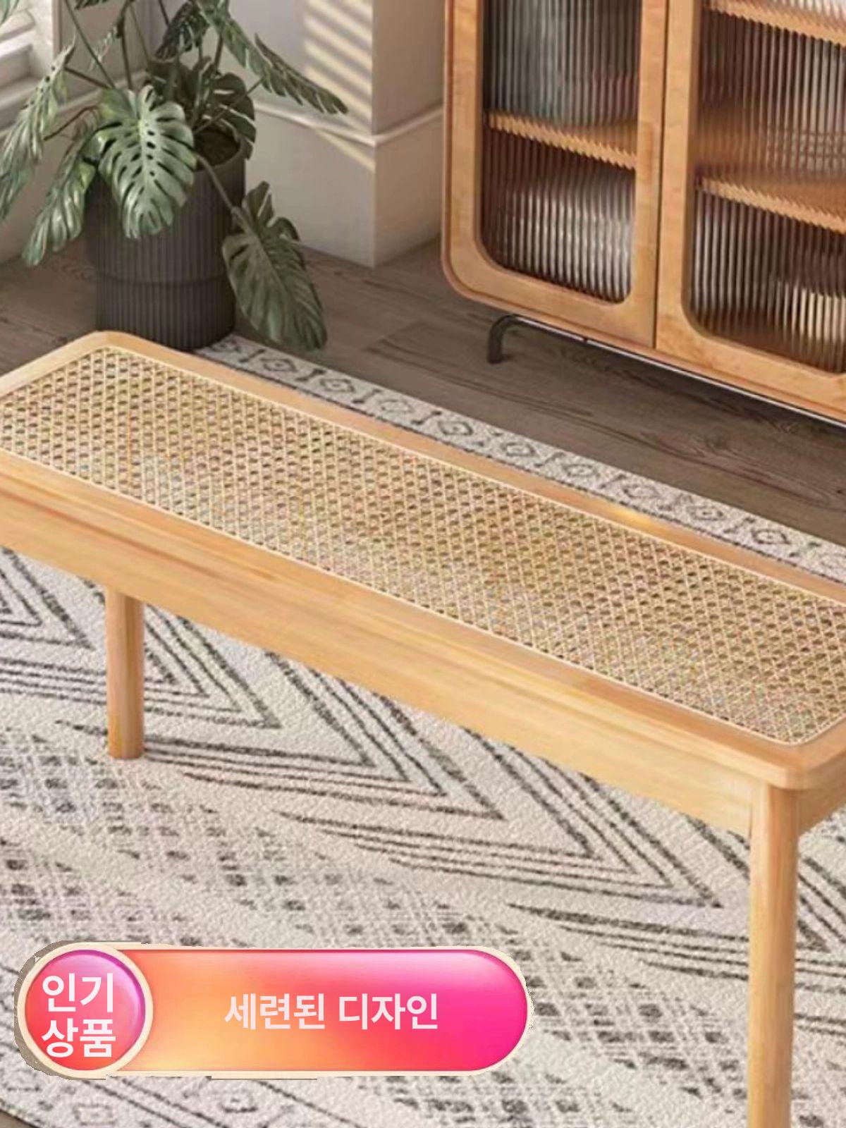 원목 라탄 벤치 거실 식탁 현관 인테리어 의자 주방 오렌지레드 120cm [호두 긴] - 상세 이미지 3