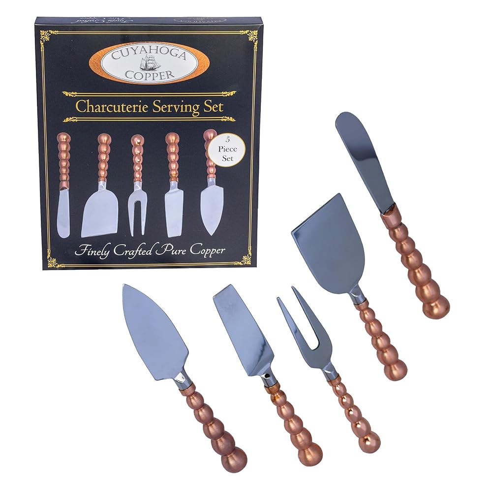 Cuyahoga Copper Charcuterie 서빙 세트 - 선물 스테인리스 파티 5피스 상자 우아한 프리미엄 식기 엔터테인먼트, 및 나이프 구리 적합 스틸 치즈 선물에 순수 - 상품 이미지