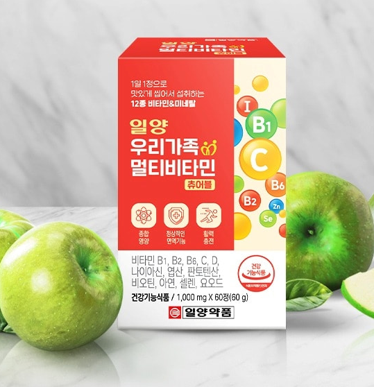 멀티비타민 12종 비타민 미네랄 일양 우리가족 츄어블 1000mg 60정 - 상품 이미지