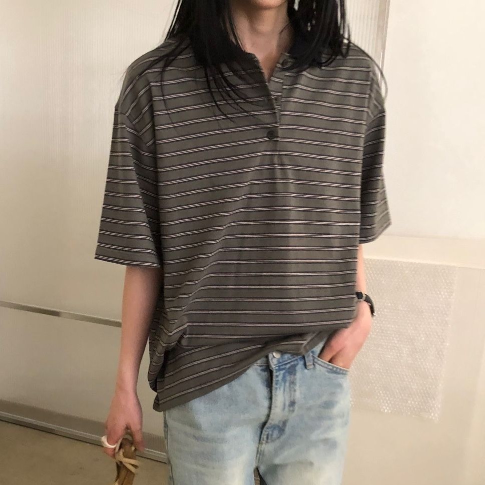 여성 럭비티셔츠 레트로 스트라이프 카라 반팔 루즈핏 데일리룩 럭비티 이미지 6