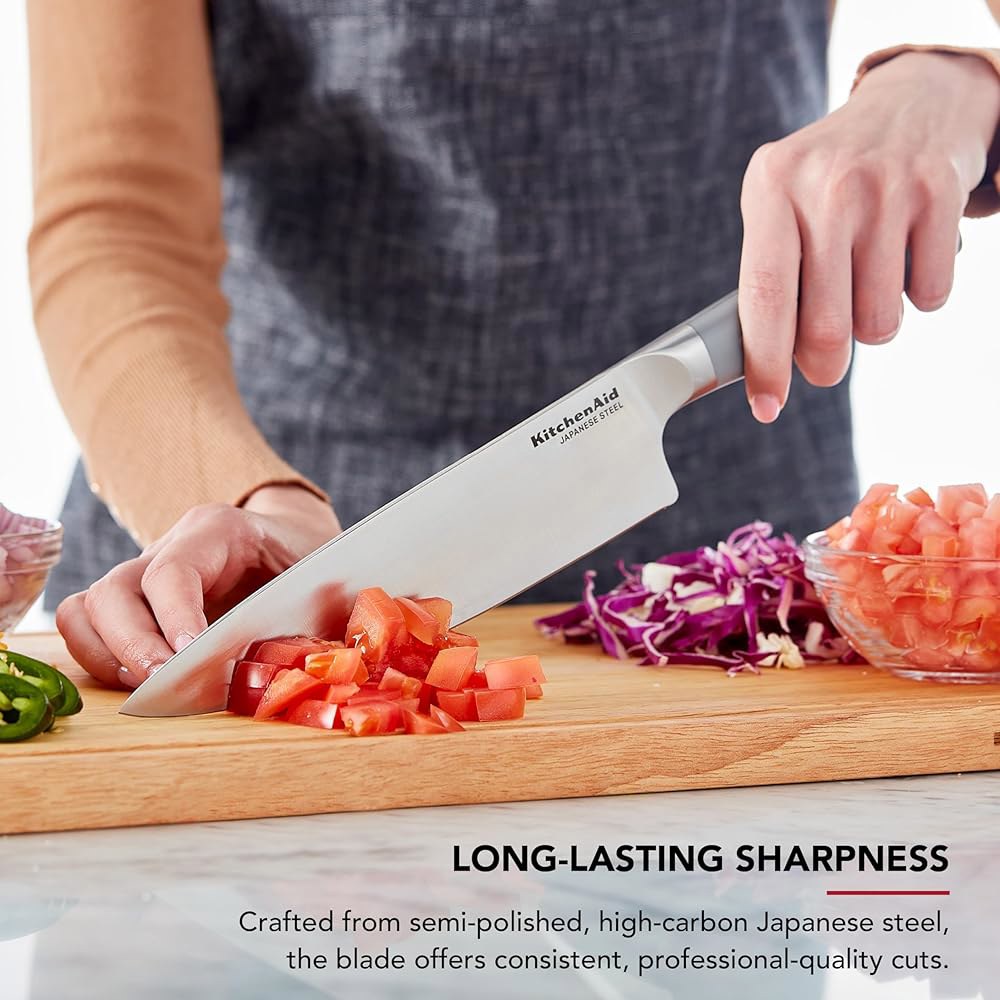 KitchenAid Gourmet Forged Chef 나이프, 맞춤형 칼, 그레이 블레이드, 고탄소 스틸 20.3cm(8인치), 일본 핏 날카로운 스테인리스 주방 커버, 블레이드 - 상세 이미지 3