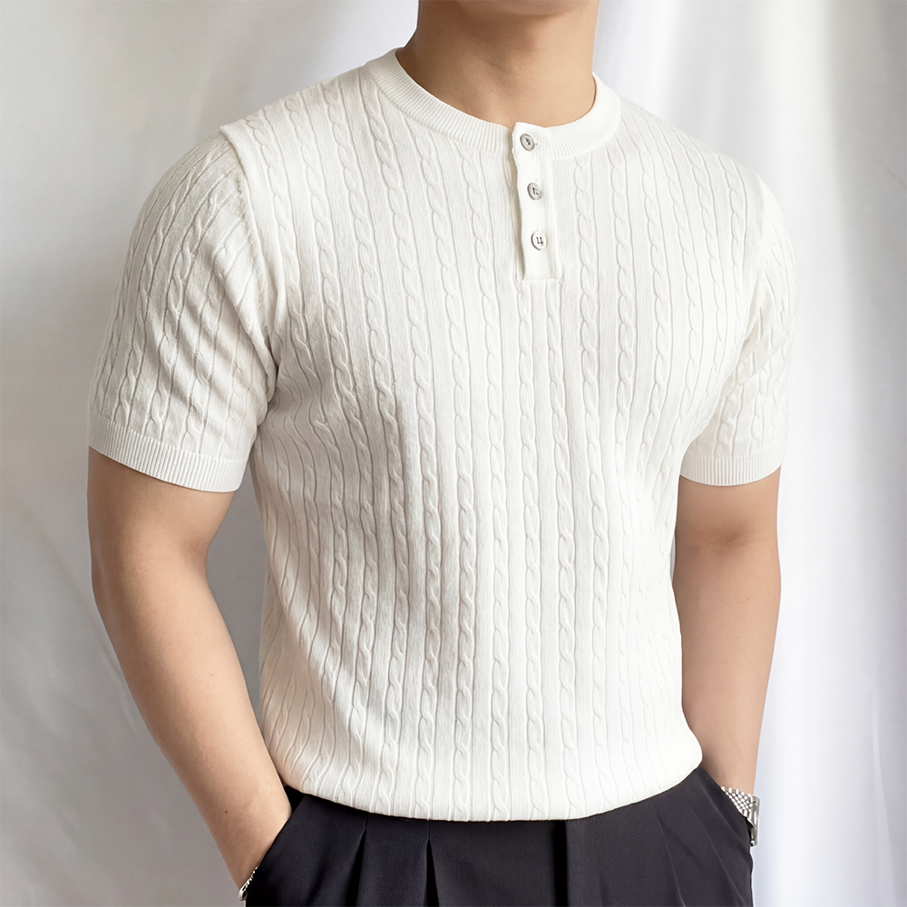 남자 여름 린넨 케이블 워셔블 머슬핏 반팔 니트 - 상품 이미지