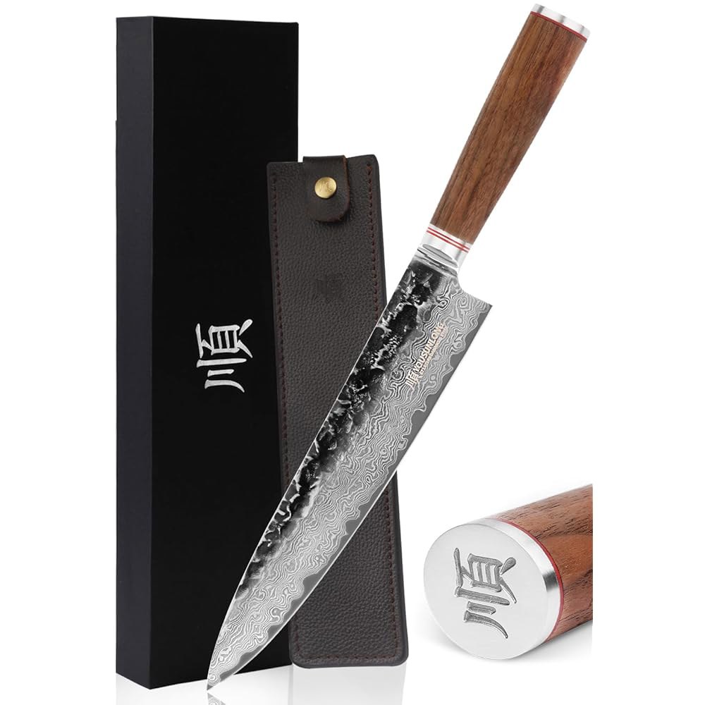 YOUSUNLONG Chef Knife 다마스커스 나이프 25.4cm(10인치) 규토 일본 가죽 칼집 스틸 포함 호두나무 해머드 천연 주방 프로 손잡이 7 - 상품 이미지