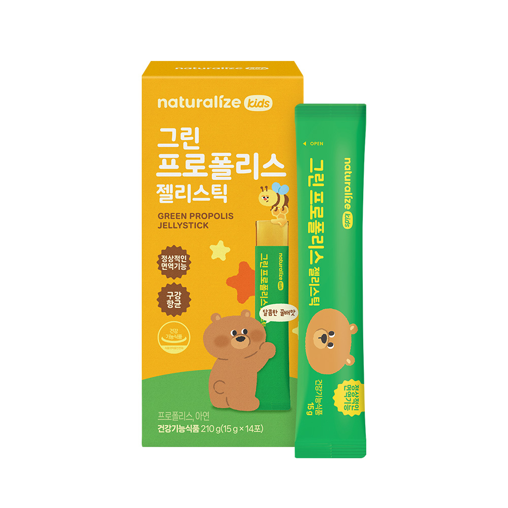 네추럴라이즈 그린 프로폴리스 젤리스틱 꿀배맛 키즈 어린이 영양제 아연 14포, 1개 - 상품 이미지