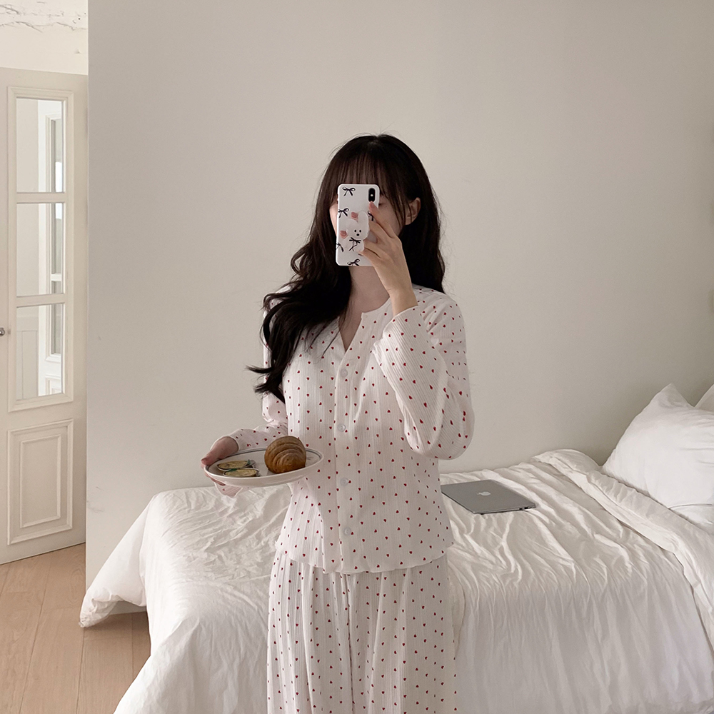 캡내장잠옷 노브라잠옷 여성 실내복 하트 봄 가을 세르모 긴팔 세트 이미지 8