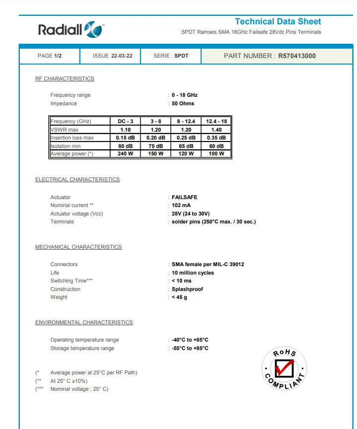 Dow-Key RF 동축 스위치 401-2308 28V 12V DC-18GHz SMA SP2T