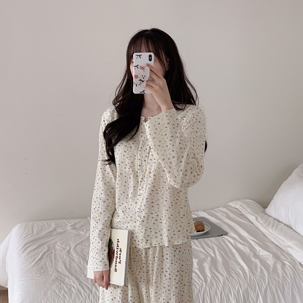 캡내장잠옷 여성실내복 노브라잠옷 봄 가을 잔꽃 간절기 세르모 파자마 세트 이미지 8