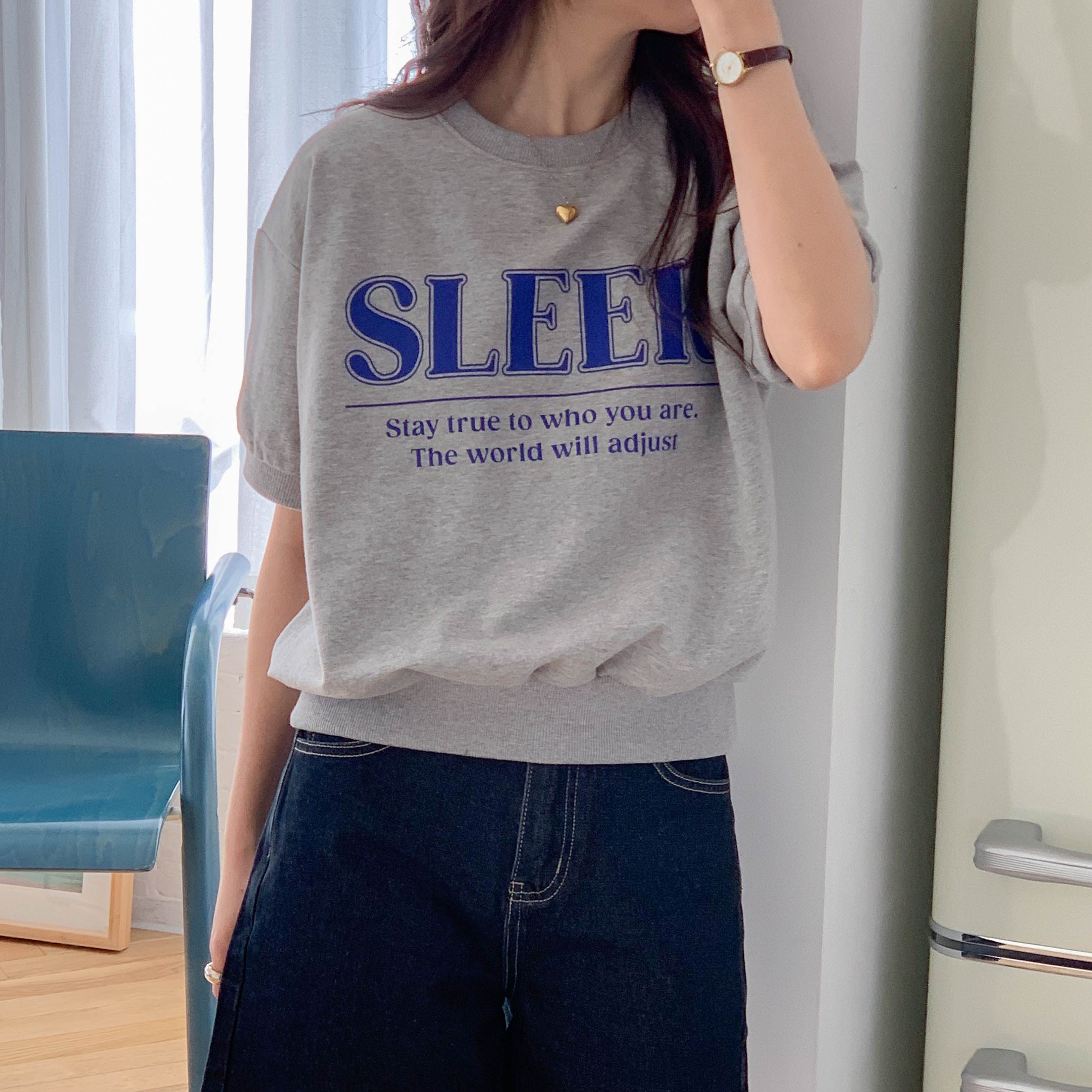 여성 슬릭 레터링 프린팅 반팔 맨투맨 데일리 캐주얼 스웨트셔츠 - 상세 이미지 2