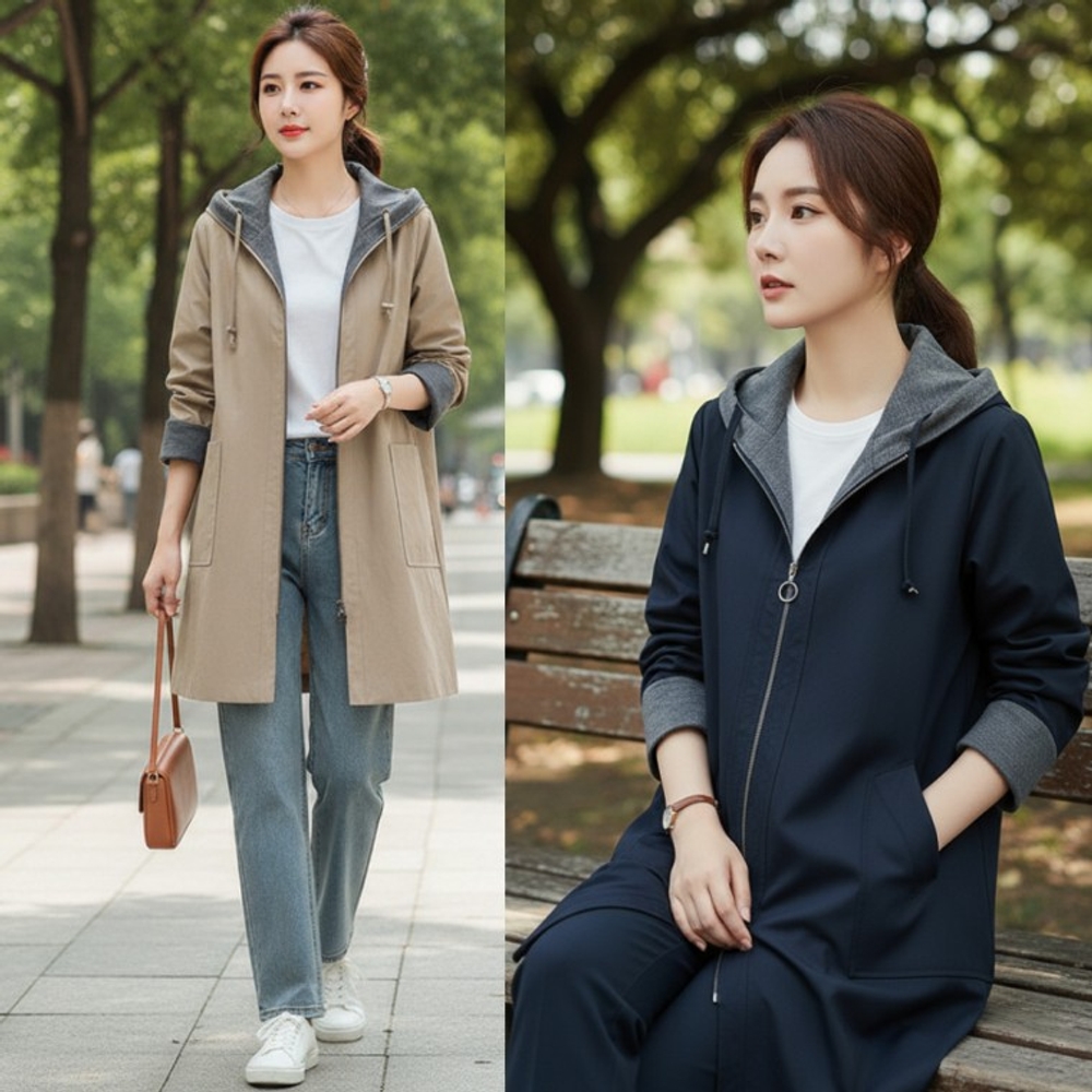 J2K 여성 봄 가을 간절기 경량 봄점퍼 롱 후드 야상 점퍼 오버핏 아우터 바람막이 - 상세 이미지 2