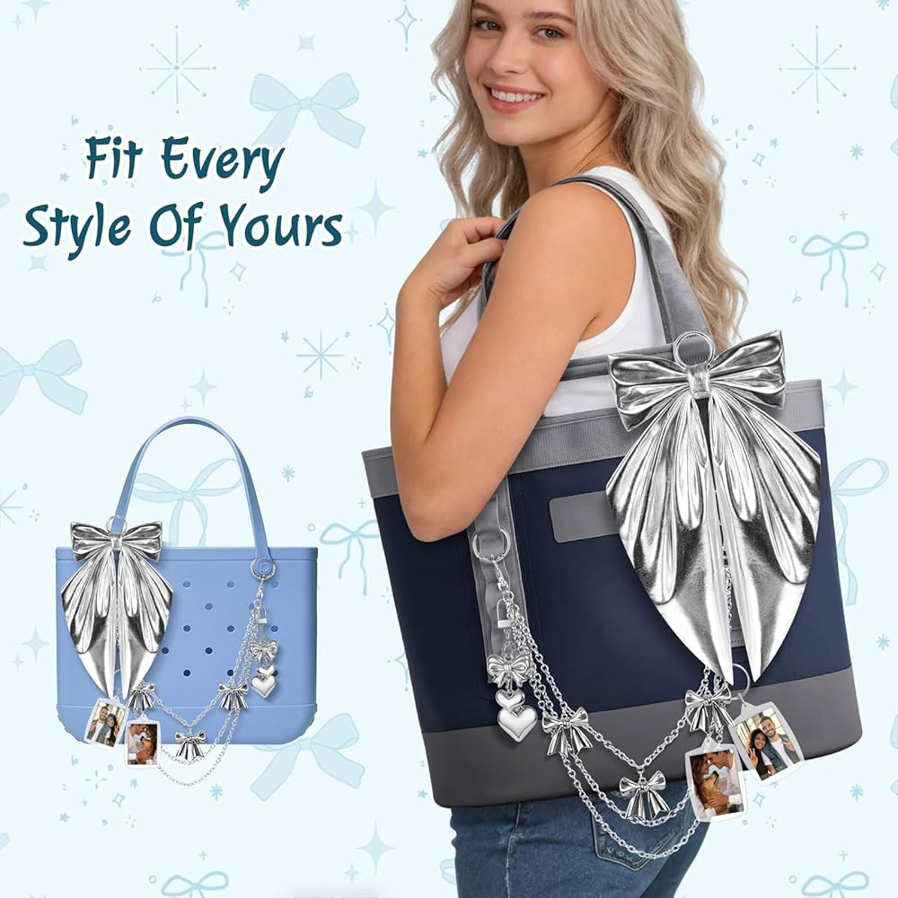 WUQID Tote Bag Decoration Kit, 5PCS Bogg Accessories Chain Metallic Bow Carryall & Beach Decorative - 상세 이미지 2