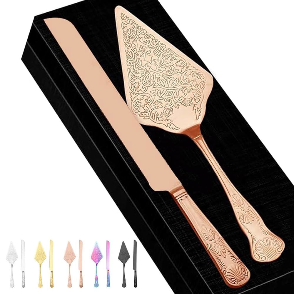 SerniaXin 결혼식, 생일 파티를 위한 케이크 프리미엄 스틸 커터, 서버, (로즈 나이프, 페이스트리 브라이덜 골드) 샤워를 액세서리 커팅 스탠드 세트, 스테인리스 우아한 - 상품 이미지