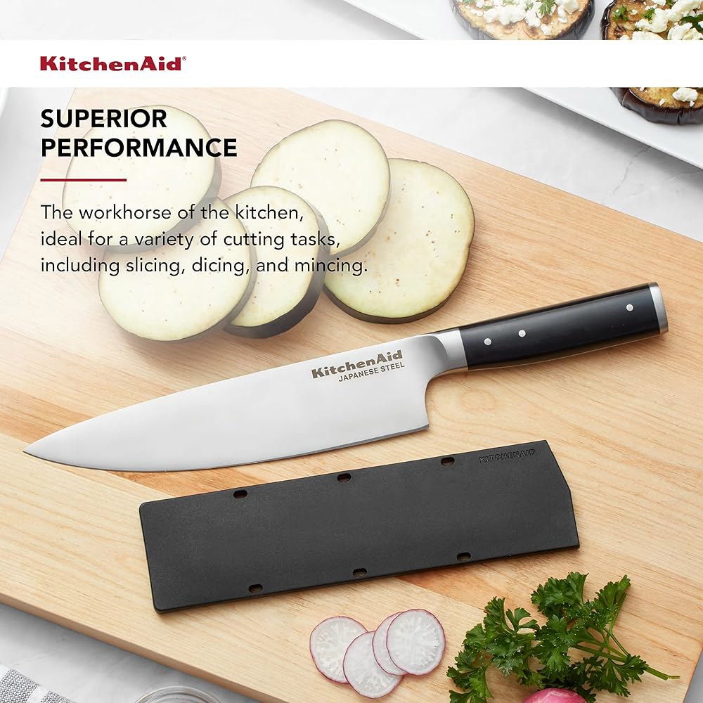 KitchenAid Gourmet Forged 트리플 리벳 셰프 일본 고탄소 스틸 블레이드 주방 커버 맞춤형 날카로운 20.3cm(8인치), 핏 스테인리스 블레이드, 나이프, 블랙 - 상세 이미지 3