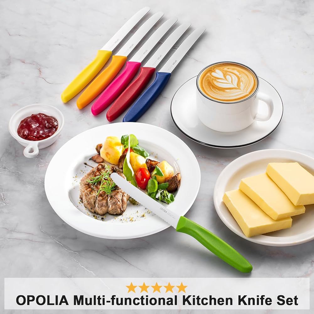 OPOLIA 스테이크 나이프, 멀티 컬러 나이프 가능 톱니 다채로운 식탁칼, 사용 있는 스틸 칼, 타마토 고탄소 고기 12개 스테인리스 날카로운 세트, 내구성 식기세척기 - 상세 이미지 2