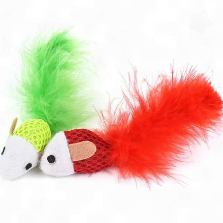 고양이 사냥본능 자극용 깃털 달린 쥐 형상 2p 컬러 배색 추격놀이 가정용