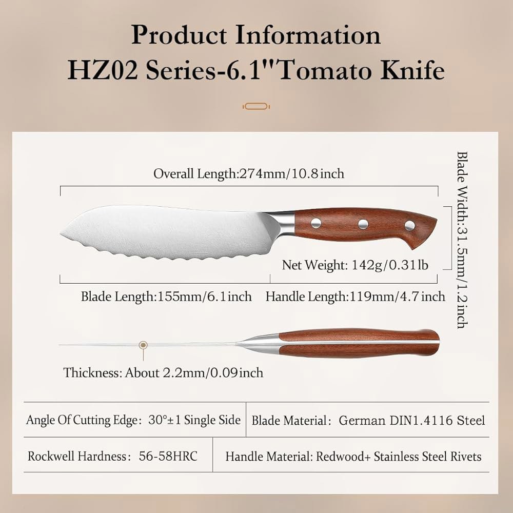 HEZHEN 15.5cm(6.1인치) 토마토 슬라이싱 나이프 - 풀 독일 스테인리스 포함 핸들 탱 블레이드, 1.4116 톱니 스틸 Paring Knife - 상세 이미지 2