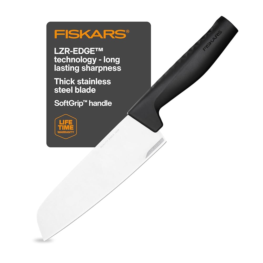 Fiskars 16cm(6.3인치) 산토쿠 나이프, 다지기, 깍둑썰기 다지기 사용 스테인리스 세척기 일본 칼, 식기 하드 엣지 블레이드, 주방 스틸 위한 및 가능 - 상품 이미지