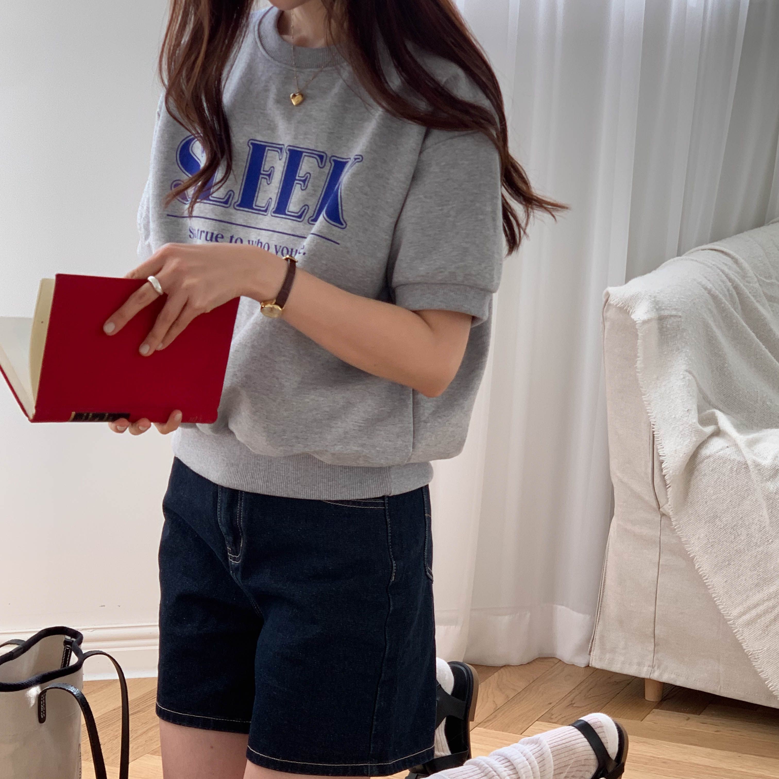 여성 슬릭 레터링 프린팅 반팔 맨투맨 데일리 캐주얼 스웨트셔츠 이미지 8